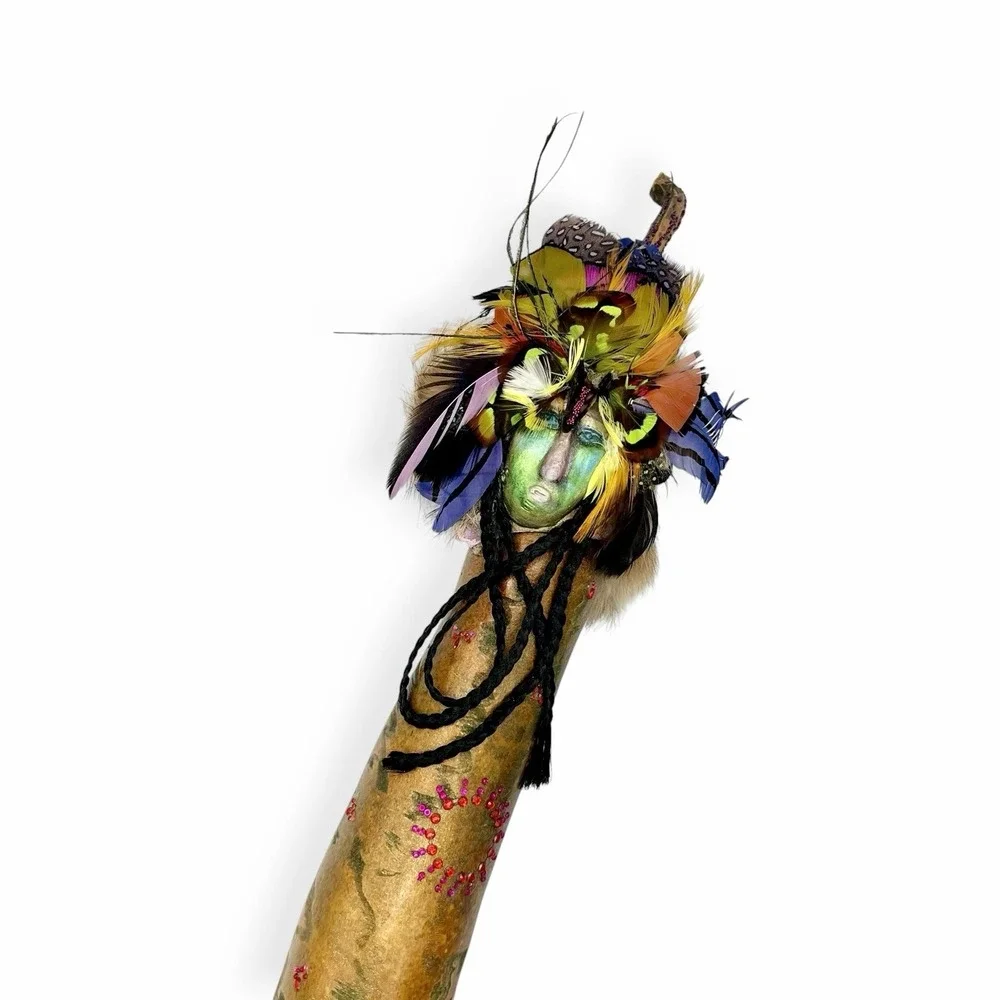 Native American Gourd Spirit Doll Mask Art Feathers Fur Vintage